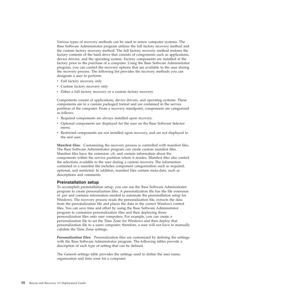 Preinstallation setup | Lenovo ThinkVantage Rescue and Recovery 4.3 (Deployment Guide) User Manual | Page 26 / 96