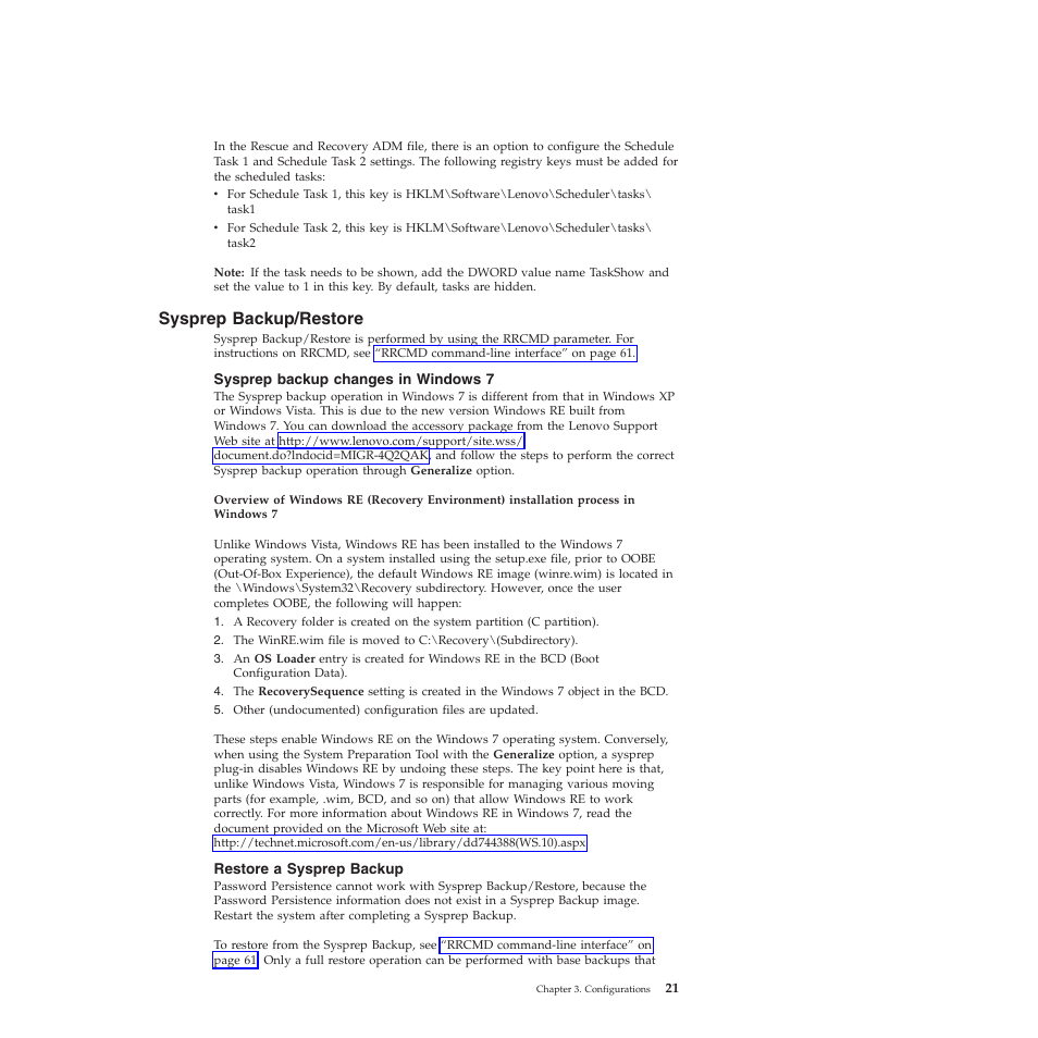 Sysprep backup/restore, Sysprep backup changes in windows 7, Restore a sysprep backup | Lenovo ThinkVantage Rescue and Recovery 4.3 (Deployment Guide) User Manual | Page 29 / 96