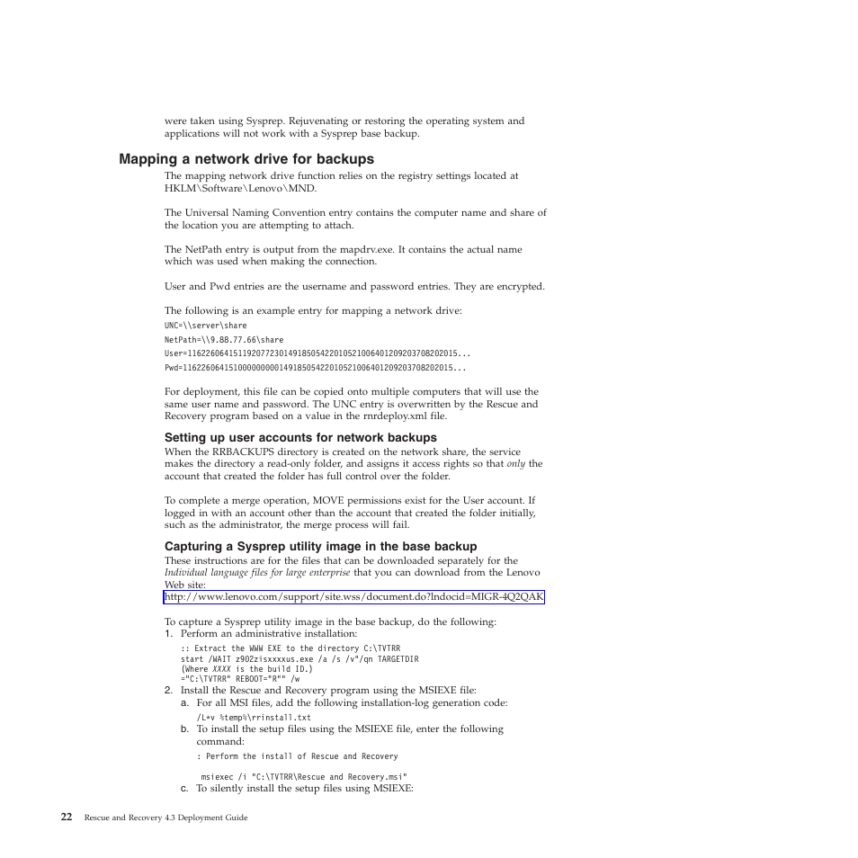 Mapping a network drive for backups, Setting up user accounts for network backups | Lenovo ThinkVantage Rescue and Recovery 4.3 (Deployment Guide) User Manual | Page 30 / 96
