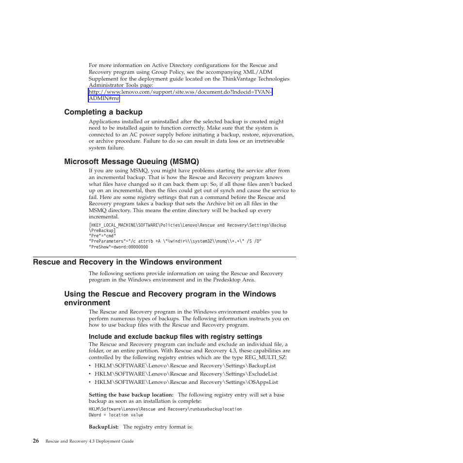 Completing a backup, Microsoft message queuing (msmq), Rescue and recovery in the windows environment | Lenovo ThinkVantage Rescue and Recovery 4.3 (Deployment Guide) User Manual | Page 34 / 96