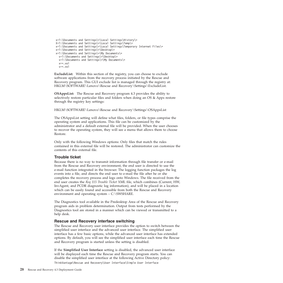 Trouble ticket, Rescue and recovery interface switching | Lenovo ThinkVantage Rescue and Recovery 4.3 (Deployment Guide) User Manual | Page 36 / 96