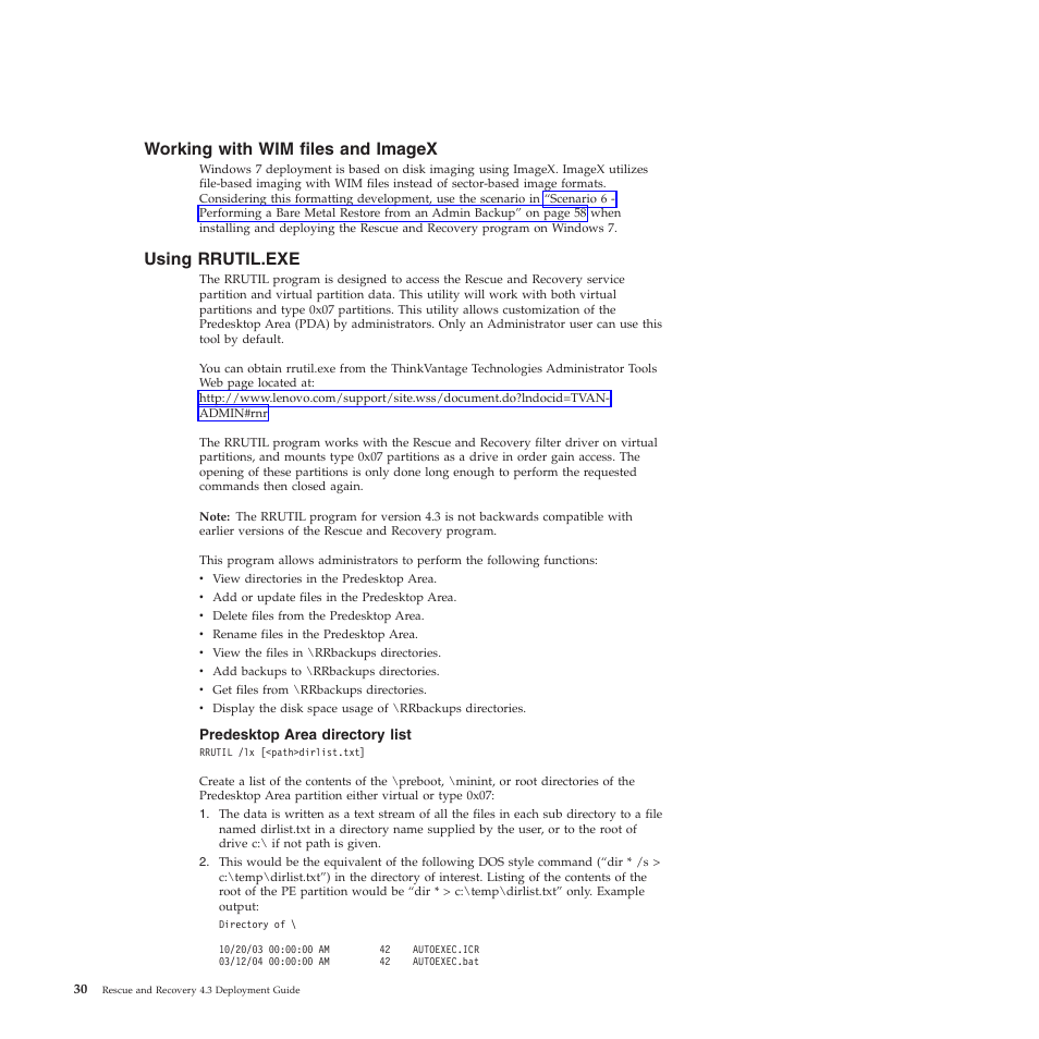 Working with wim files and imagex, Using rrutil.exe, Predesktop area directory list | Lenovo ThinkVantage Rescue and Recovery 4.3 (Deployment Guide) User Manual | Page 38 / 96
