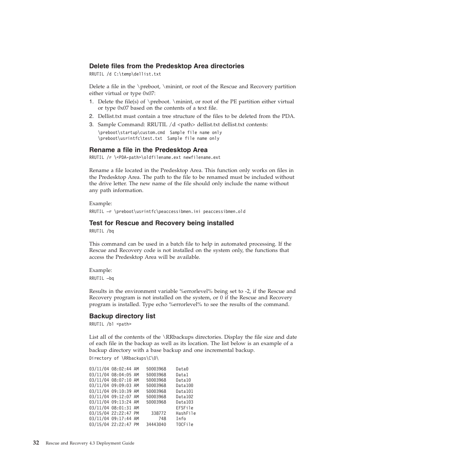 Delete files from the predesktop area directories, Rename a file in the predesktop area, Test for rescue and recovery being installed | Backup directory list | Lenovo ThinkVantage Rescue and Recovery 4.3 (Deployment Guide) User Manual | Page 40 / 96