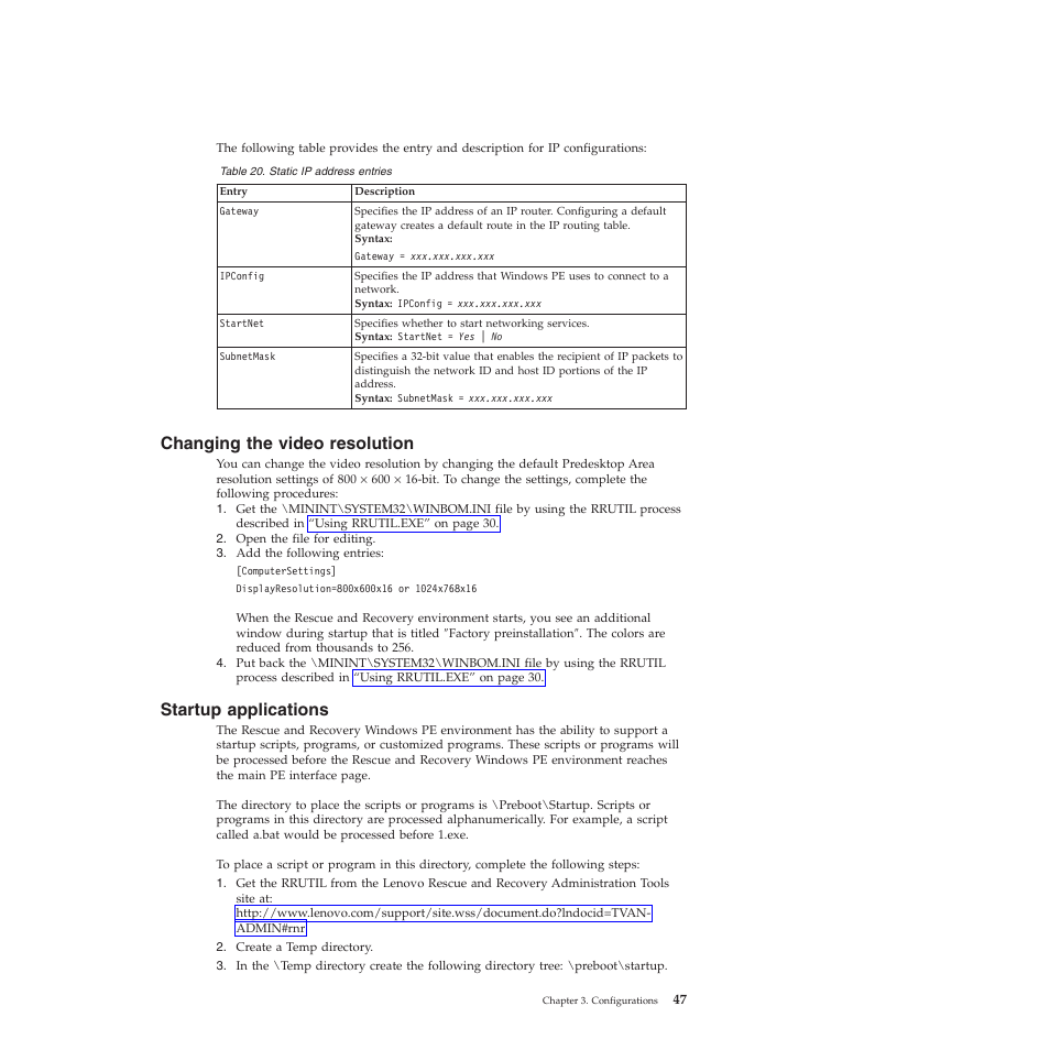 Changing the video resolution, Startup applications | Lenovo ThinkVantage Rescue and Recovery 4.3 (Deployment Guide) User Manual | Page 55 / 96