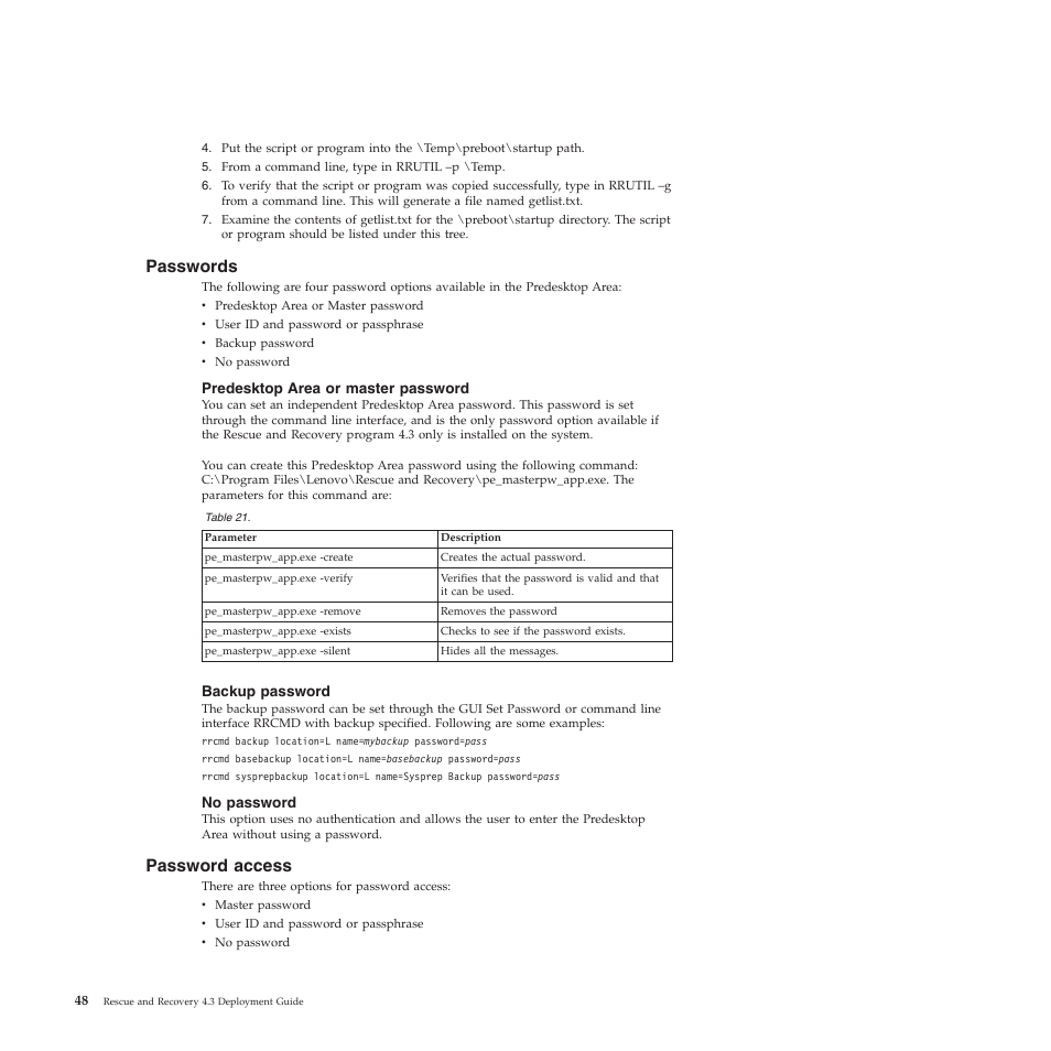 Passwords, Predesktop area or master password, Backup password | No password, Password access | Lenovo ThinkVantage Rescue and Recovery 4.3 (Deployment Guide) User Manual | Page 56 / 96