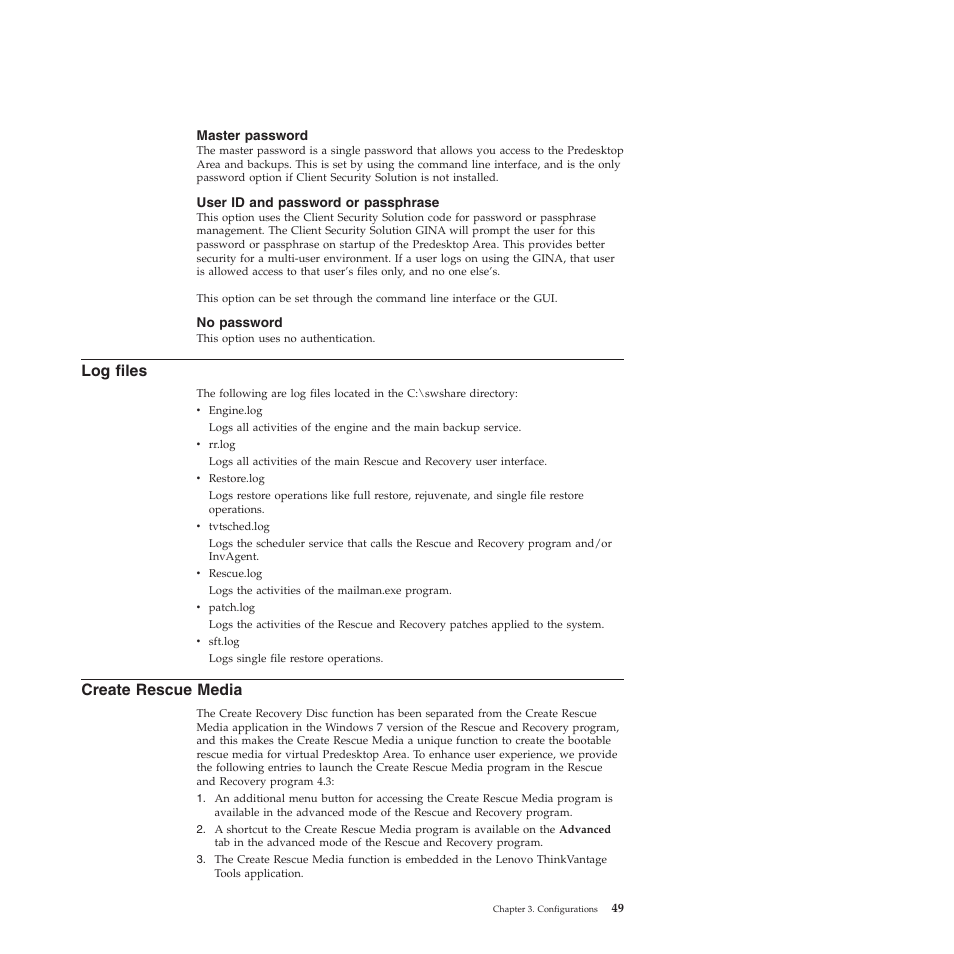 Master password, User id and password or passphrase, No password | Log files, Create rescue media | Lenovo ThinkVantage Rescue and Recovery 4.3 (Deployment Guide) User Manual | Page 57 / 96