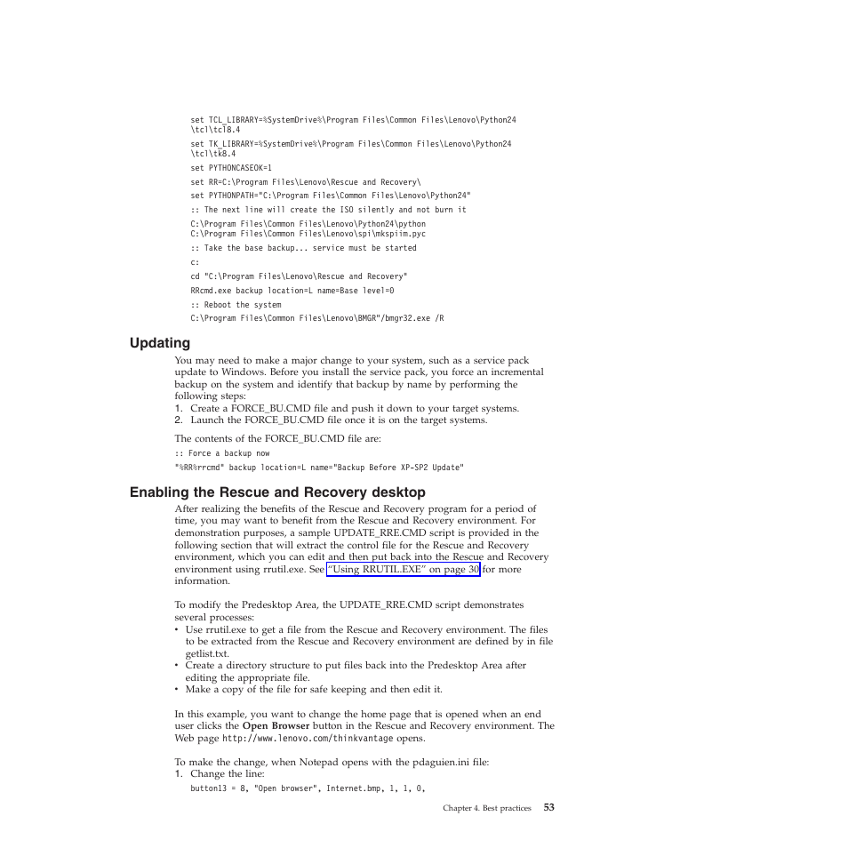 Updating, Enabling the rescue and recovery desktop | Lenovo ThinkVantage Rescue and Recovery 4.3 (Deployment Guide) User Manual | Page 61 / 96