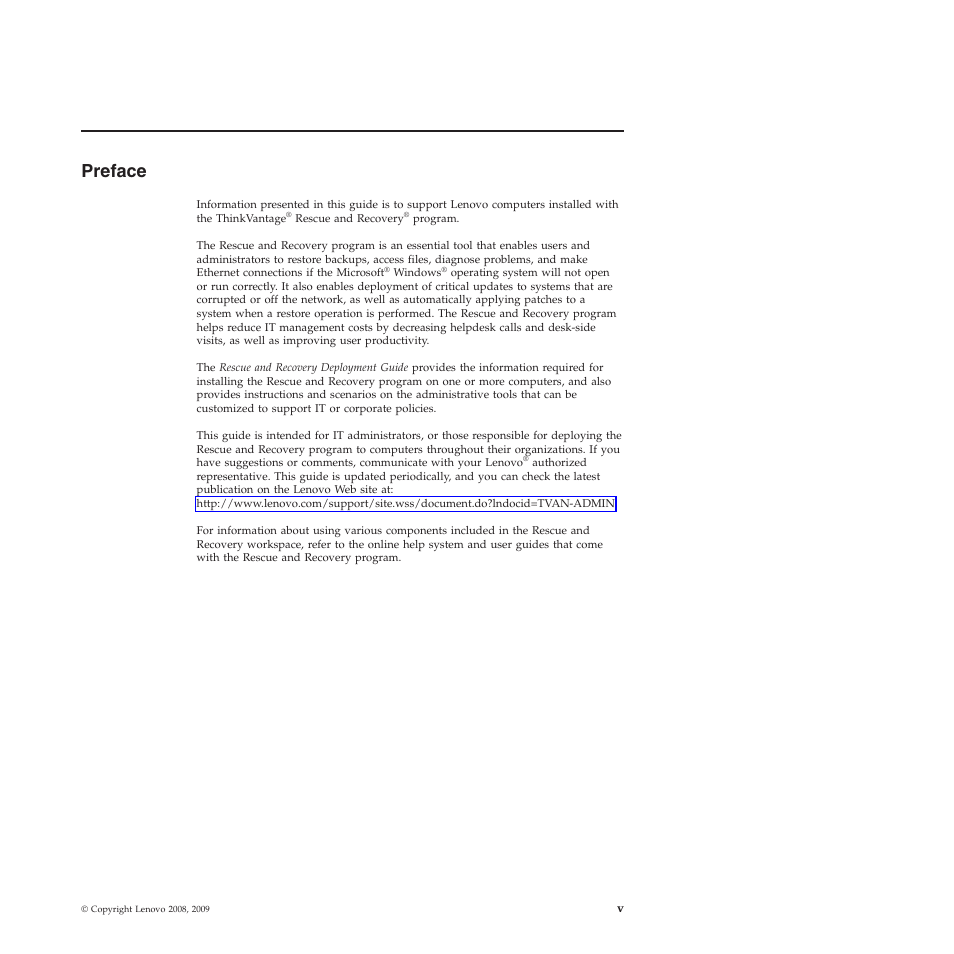 Preface, Preface . . . . . . . . . . . . . . . v | Lenovo ThinkVantage Rescue and Recovery 4.3 (Deployment Guide) User Manual | Page 7 / 96