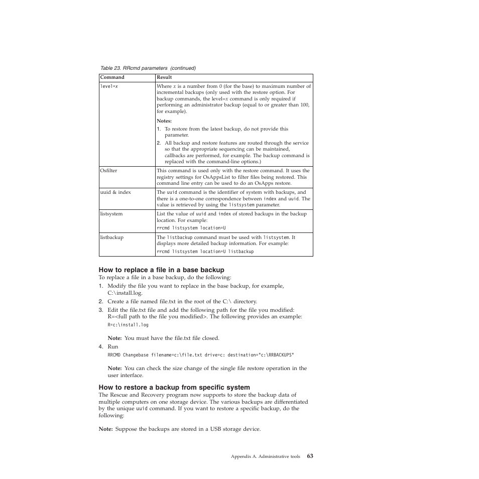 How to replace a file in a base backup, How to restore a backup from specific system | Lenovo ThinkVantage Rescue and Recovery 4.3 (Deployment Guide) User Manual | Page 71 / 96