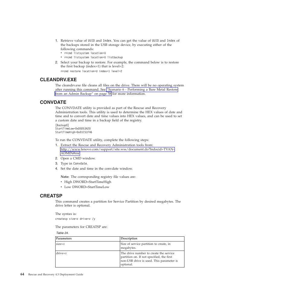 Cleandrv.exe, Convdate, Creatsp | Lenovo ThinkVantage Rescue and Recovery 4.3 (Deployment Guide) User Manual | Page 72 / 96