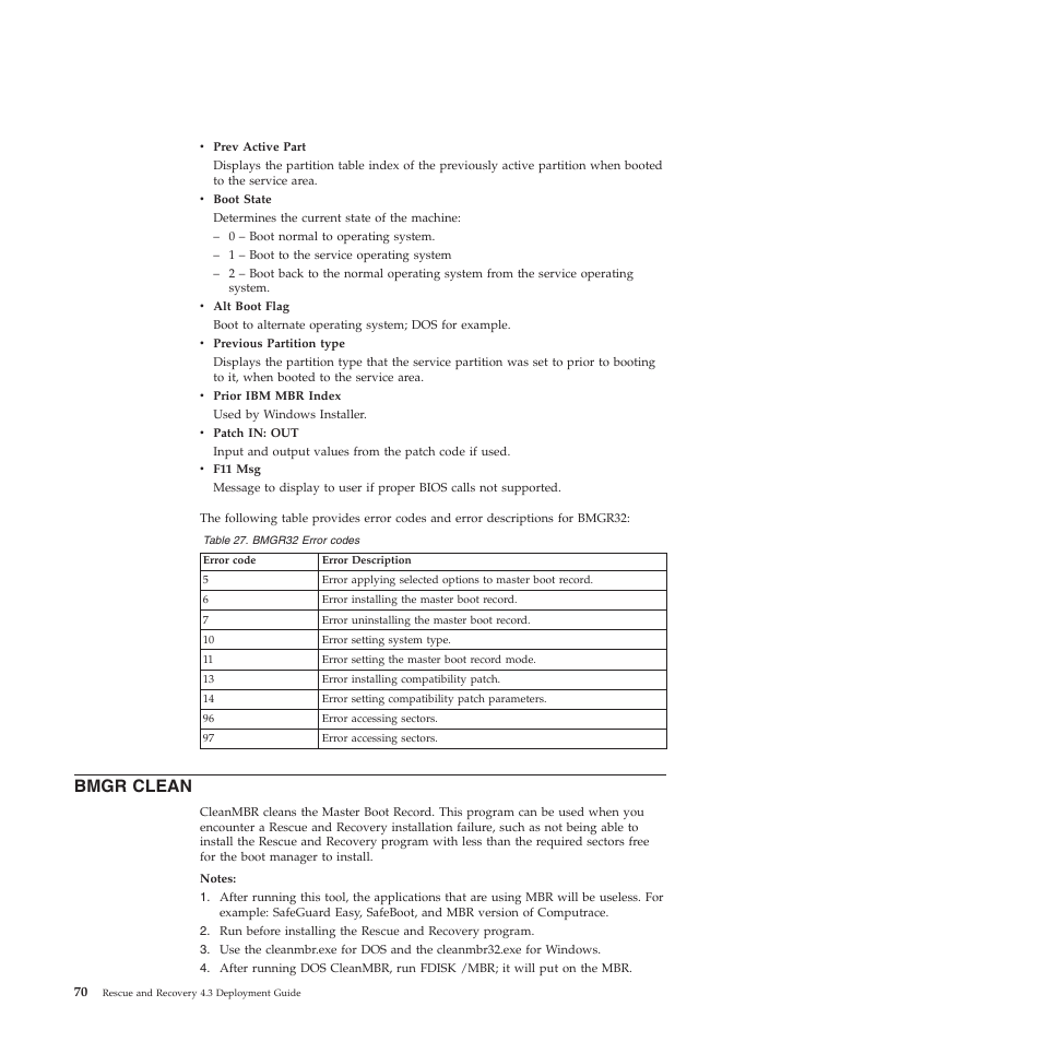 Bmgr clean | Lenovo ThinkVantage Rescue and Recovery 4.3 (Deployment Guide) User Manual | Page 78 / 96