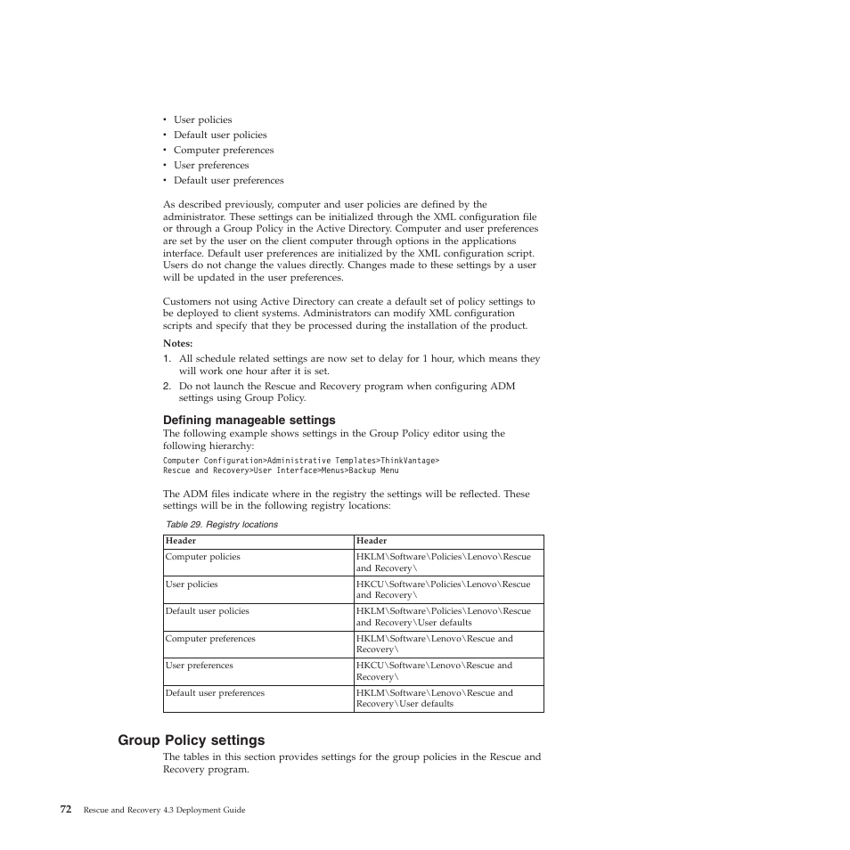 Defining manageable settings, Group policy settings | Lenovo ThinkVantage Rescue and Recovery 4.3 (Deployment Guide) User Manual | Page 80 / 96