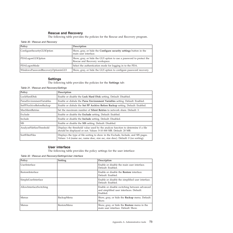 Rescue and recovery, Settings, User interface | Lenovo ThinkVantage Rescue and Recovery 4.3 (Deployment Guide) User Manual | Page 81 / 96