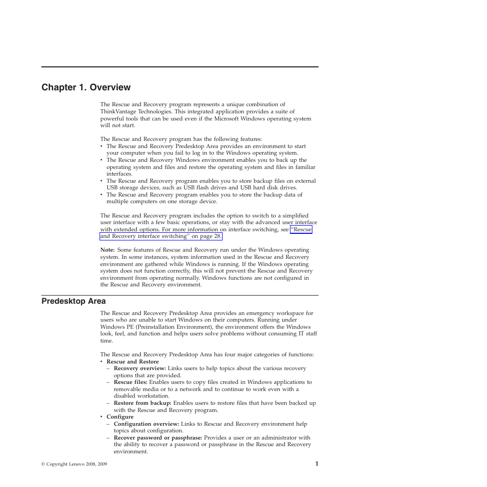 Chapter 1. overview, Predesktop area | Lenovo ThinkVantage Rescue and Recovery 4.3 (Deployment Guide) User Manual | Page 9 / 96