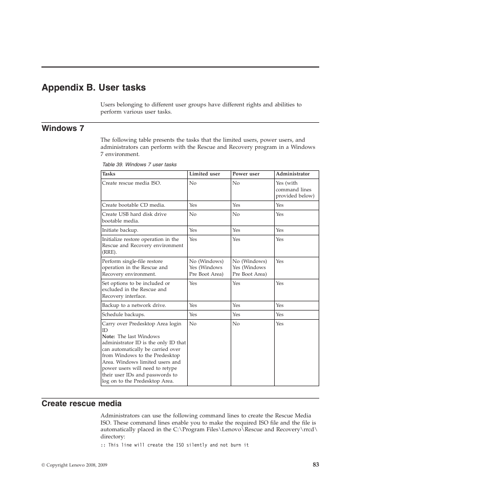 Appendix b. user tasks, Windows 7, Create rescue media | Lenovo ThinkVantage Rescue and Recovery 4.3 (Deployment Guide) User Manual | Page 91 / 96
