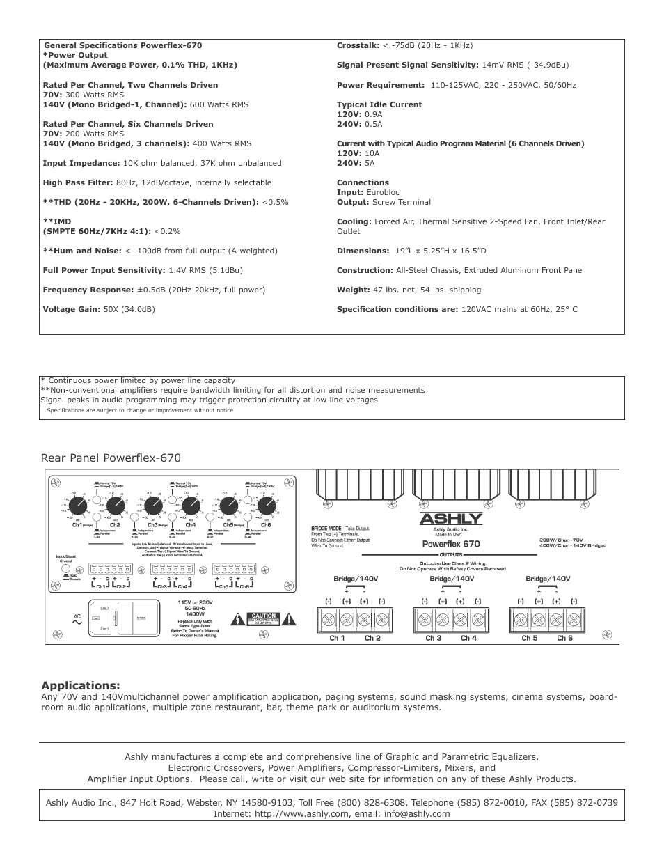 Rear panel powerflex-670, Applications | Ashly PowerFlex 670 User Manual | Page 2 / 2