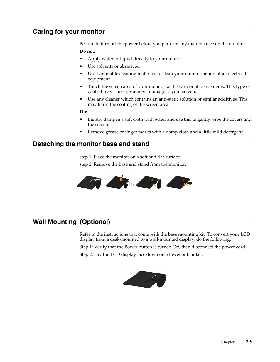 Caring for your monitor, Detaching the monitor base and stand, Wall mounting (optional) | Caring for your monitor -9, Detaching the monitor base and stand -9, Wall mounting | Lenovo LI1962 Wide Flat Panel Monitor User Manual | Page 19 / 30