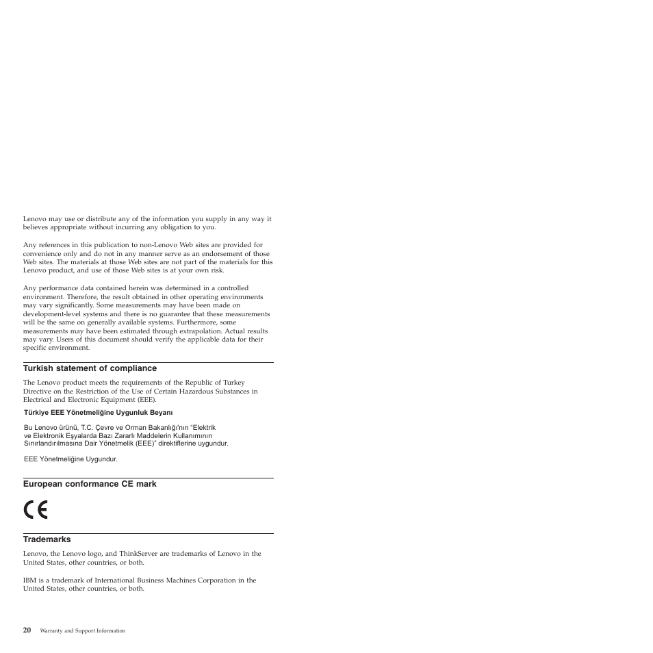 Turkish statement of compliance, European conformance ce mark, Trademarks | Lenovo ThinkServer TS200 User Manual | Page 26 / 30