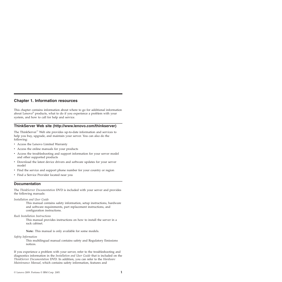 Chapter 1. information resources, Documentation | Lenovo ThinkServer TS200 User Manual | Page 7 / 30