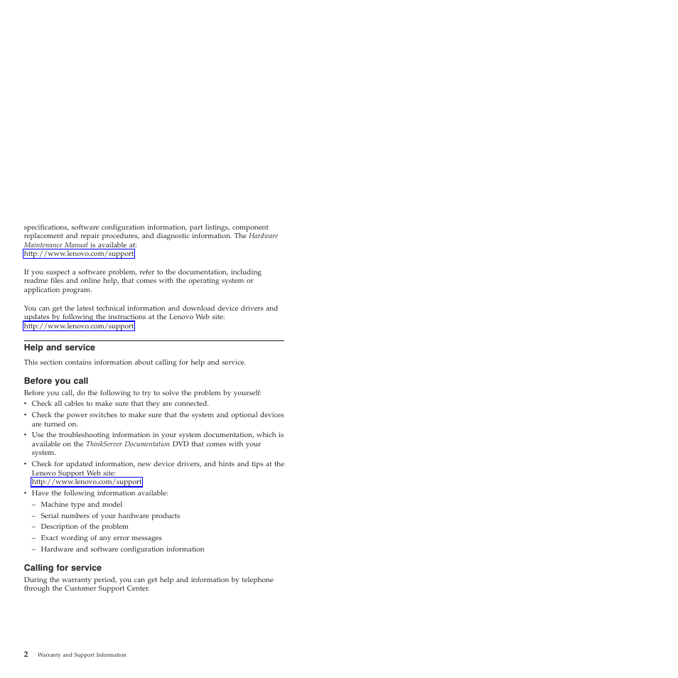 Help and service, Before you call, Calling for service | Lenovo ThinkServer TS200 User Manual | Page 8 / 30