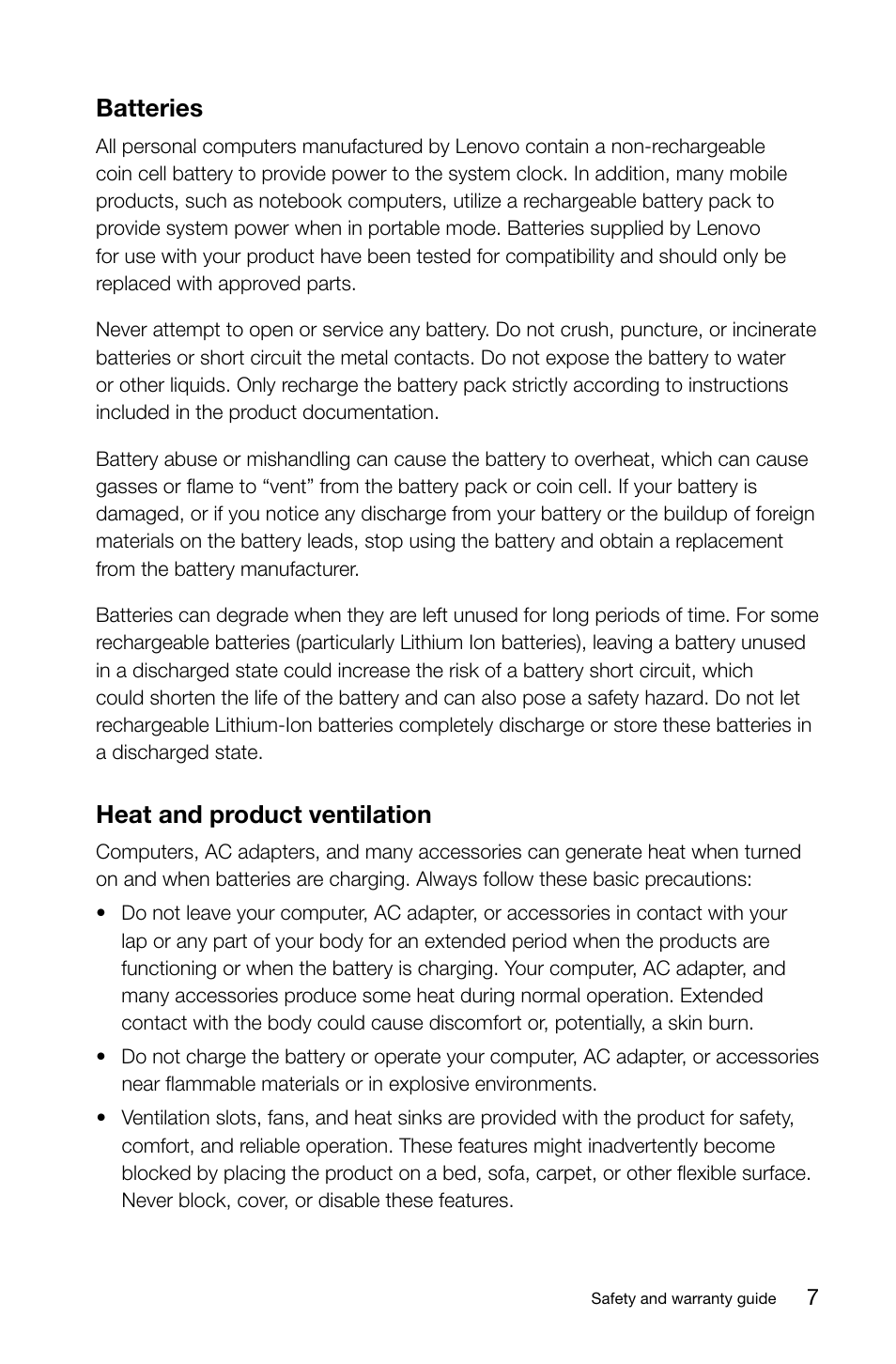 Batteries, Heat and product ventilation, Batteries heat and product ventilation | Lenovo S40-40 All-in-One User Manual | Page 12 / 49