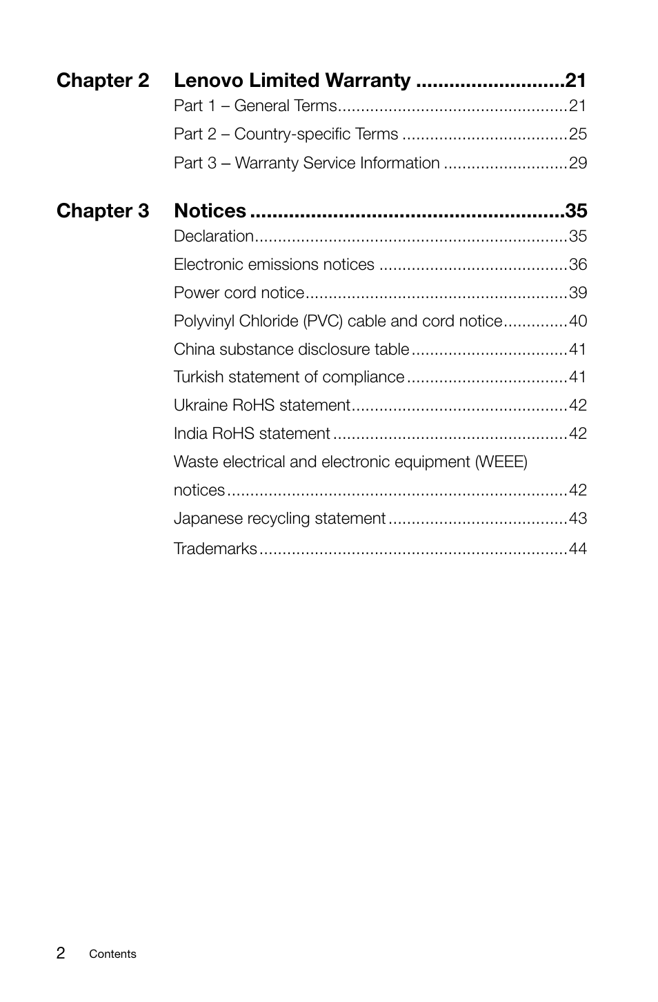 Chapter 2 lenovo limited warranty, Chapter 3 notices | Lenovo S40-40 All-in-One User Manual | Page 5 / 49