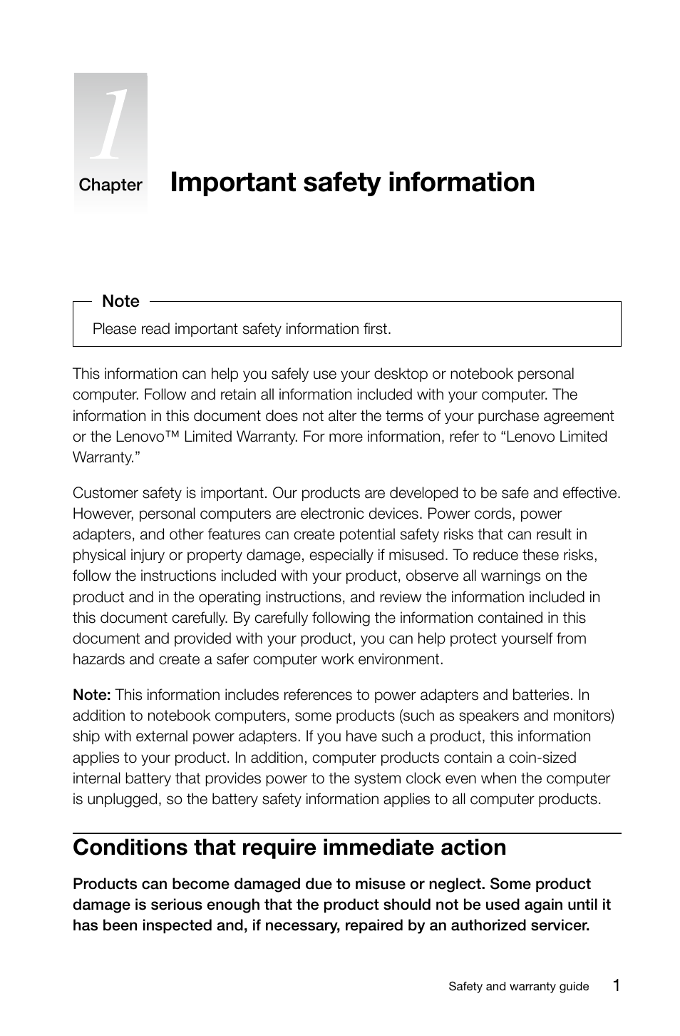 Important safety information, Conditions that require immediate action | Lenovo S40-40 All-in-One User Manual | Page 6 / 49
