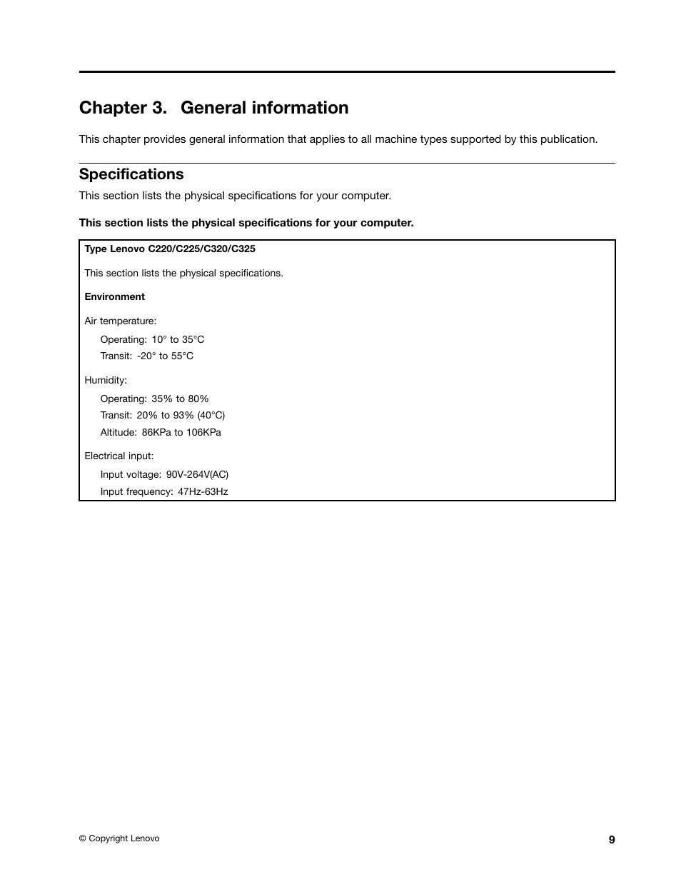 Chapter 3. general information, Specifications | Lenovo C225 All-In-One User Manual | Page 13 / 61