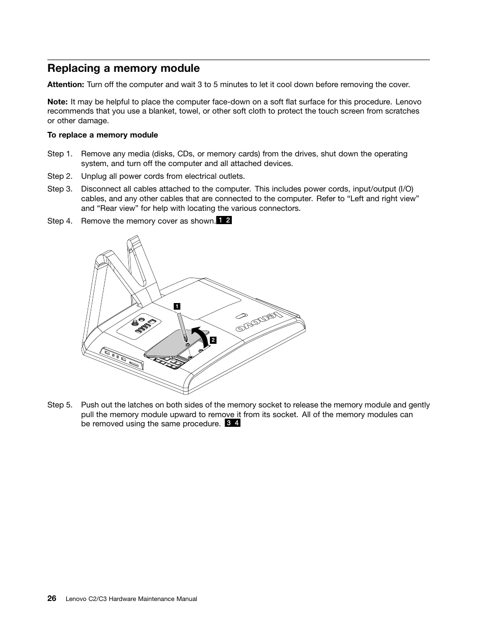 Replacing a memory module | Lenovo C225 All-In-One User Manual | Page 30 / 61