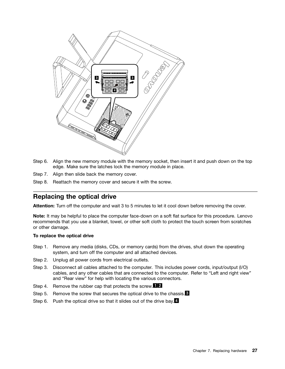 Replacing the optical drive | Lenovo C225 All-In-One User Manual | Page 31 / 61