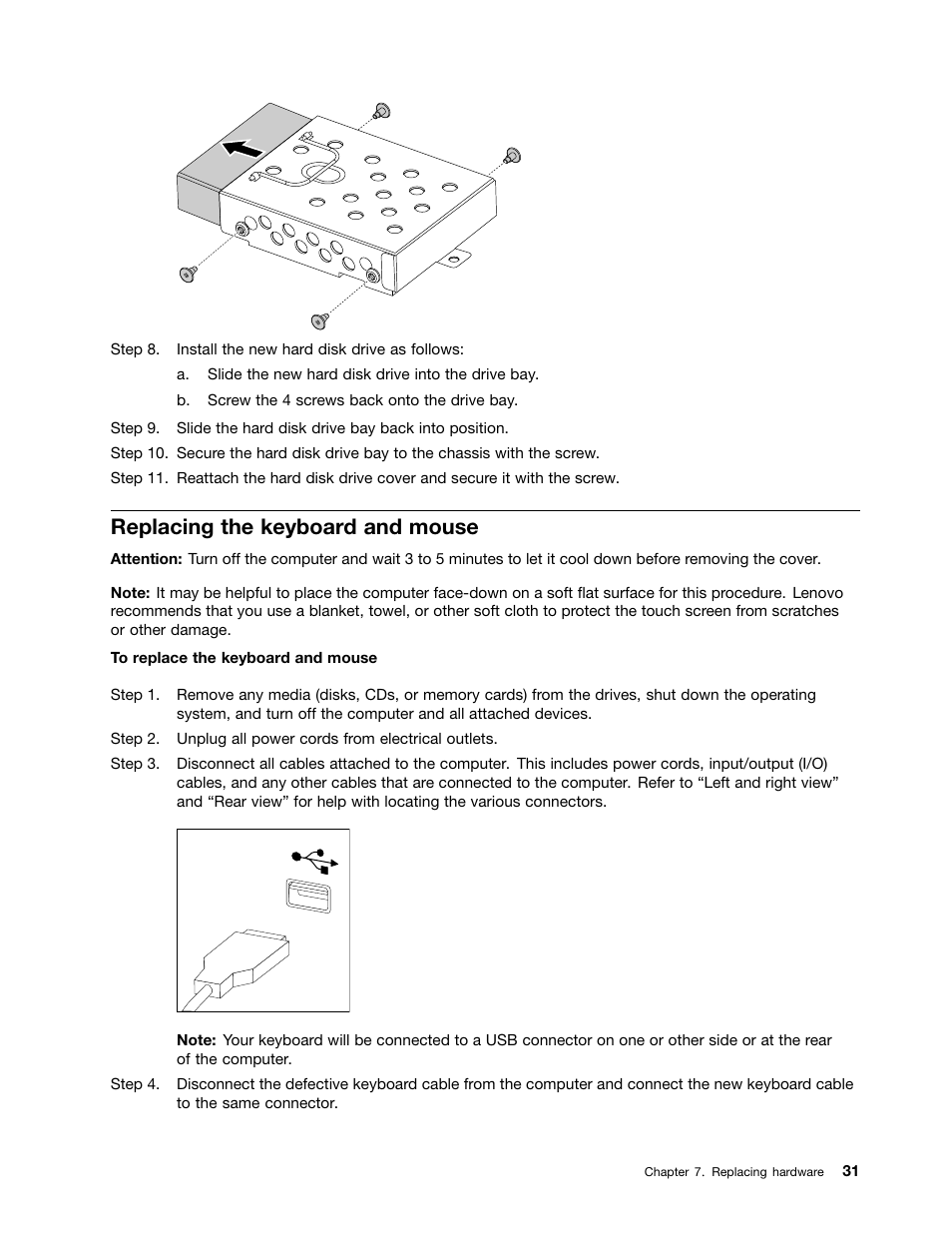 Replacing the keyboard and mouse | Lenovo C225 All-In-One User Manual | Page 35 / 61