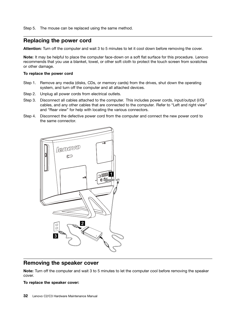 Replacing the power cord, Removing the speaker cover | Lenovo C225 All-In-One User Manual | Page 36 / 61