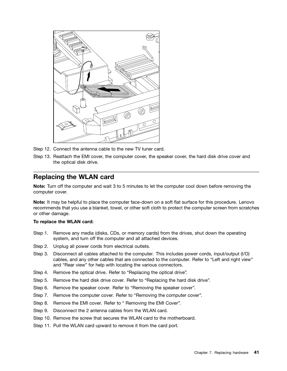 Replacing the wlan card | Lenovo C225 All-In-One User Manual | Page 45 / 61