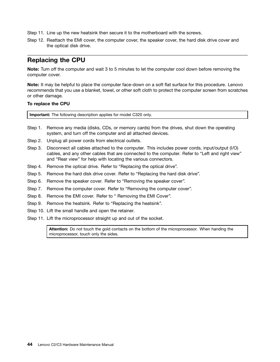 Replacing the cpu | Lenovo C225 All-In-One User Manual | Page 48 / 61