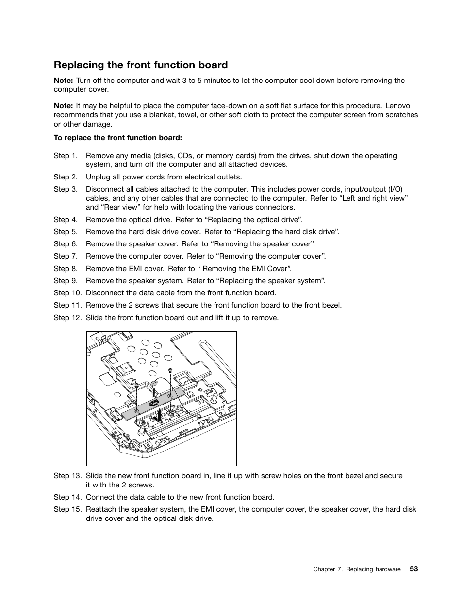 Replacing the front function board | Lenovo C225 All-In-One User Manual | Page 57 / 61