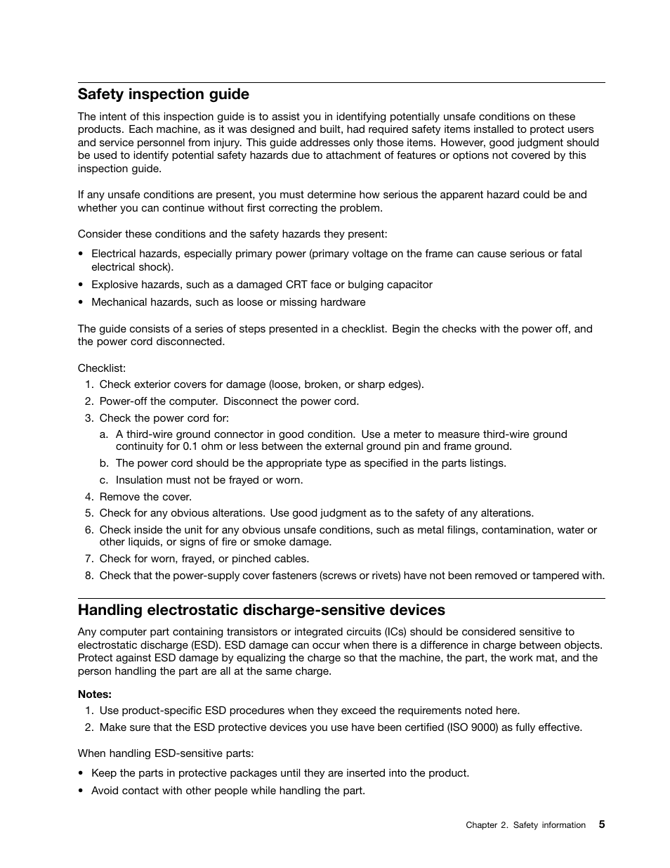 Safety inspection guide, Handling electrostatic discharge-sensitive devices | Lenovo C225 All-In-One User Manual | Page 9 / 61