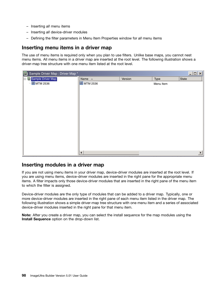 Inserting menu items in a driver map, Inserting modules in a driver map | Lenovo ThinkPad SL300 User Manual | Page 112 / 206