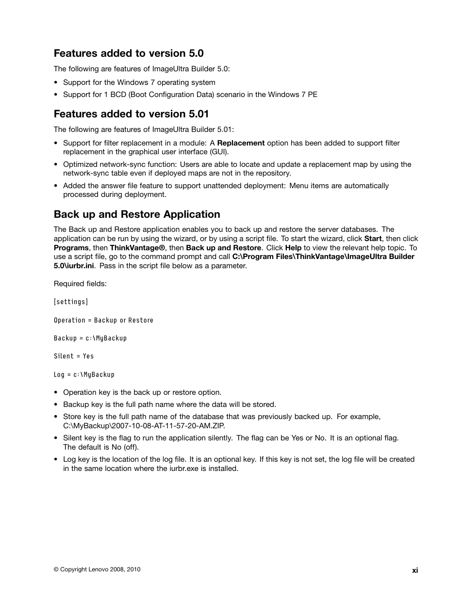 Features added to version 5.0, Features added to version 5.01, Back up and restore application | Lenovo ThinkPad SL300 User Manual | Page 13 / 206