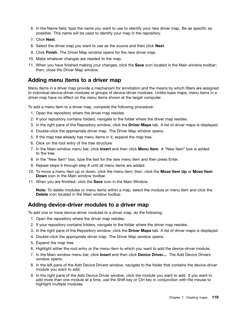 Adding menu items to a driver map, Adding device-driver modules to a driver map | Lenovo ThinkPad SL300 User Manual | Page 133 / 206