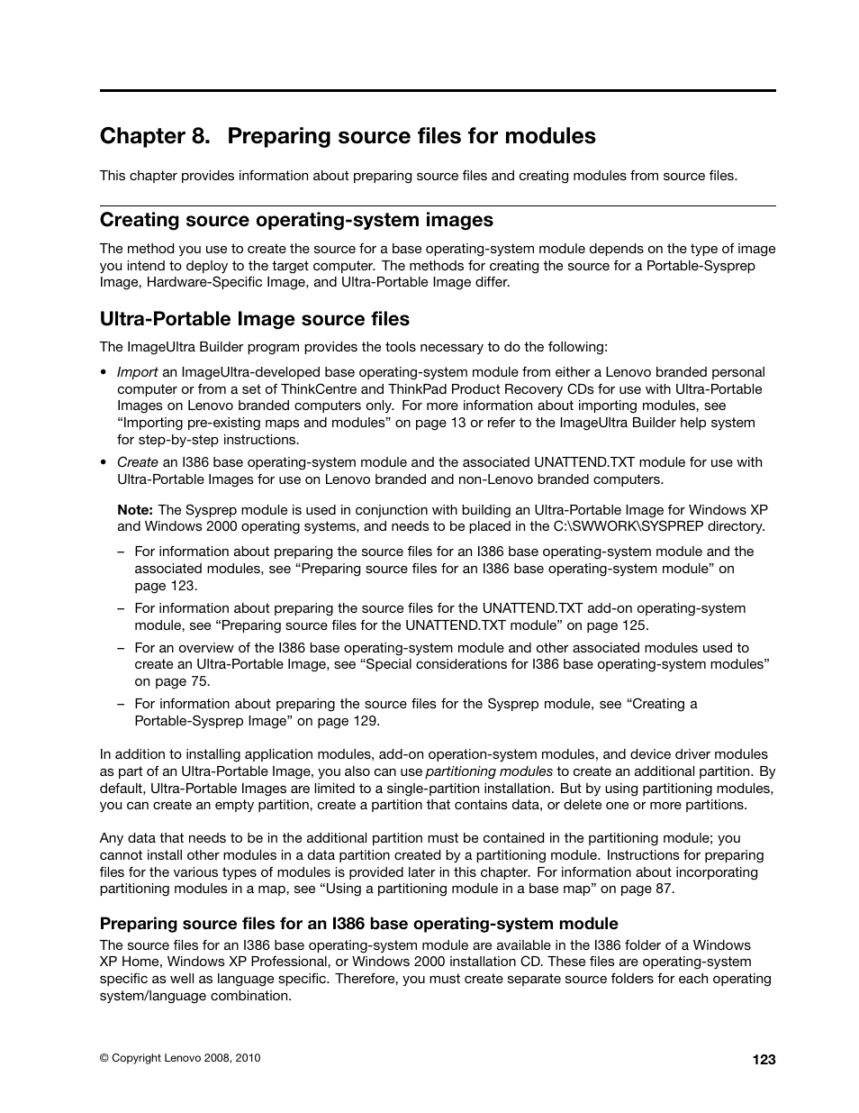 Chapter 8. preparing source files for modules, Creating source operating-system images, Ultra-portable image source files | Lenovo ThinkPad SL300 User Manual | Page 137 / 206