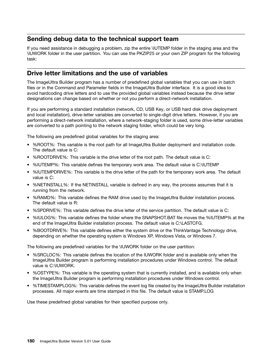 Sending debug data to the technical support team, Drive letter limitations and the use of variables | Lenovo ThinkPad SL300 User Manual | Page 194 / 206