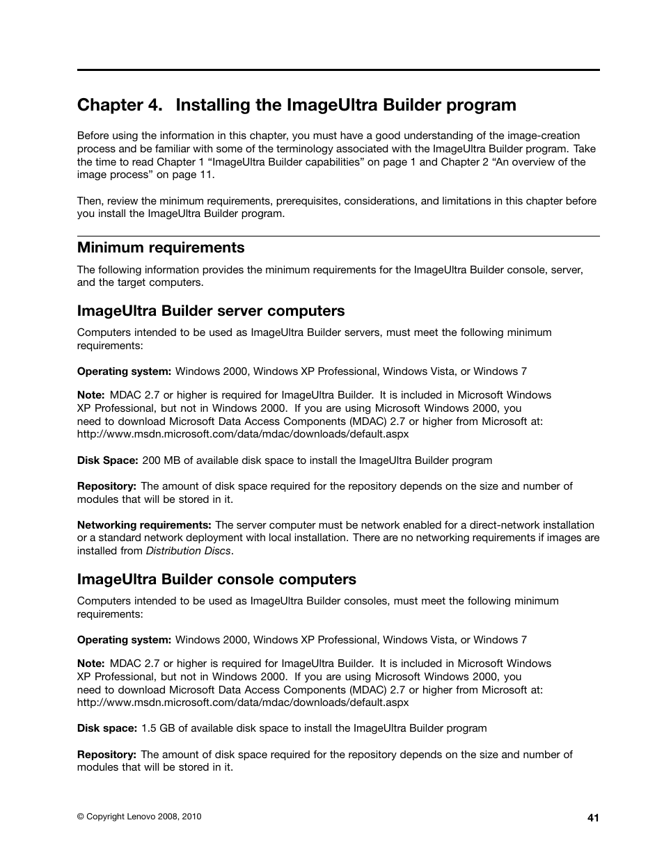 Minimum requirements, Imageultra builder server computers, Imageultra builder console computers | Lenovo ThinkPad SL300 User Manual | Page 55 / 206