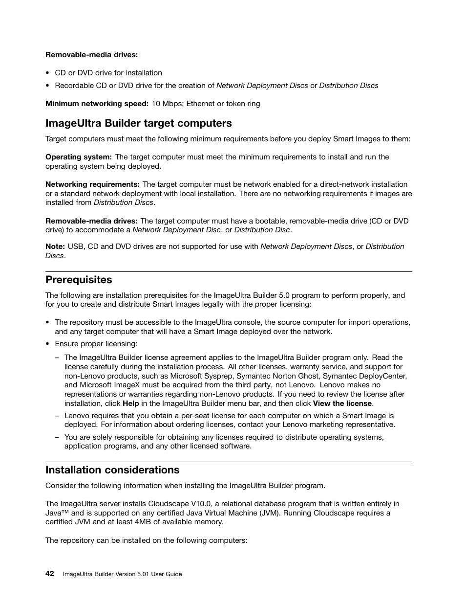 Imageultra builder target computers, Prerequisites, Installation considerations | Lenovo ThinkPad SL300 User Manual | Page 56 / 206