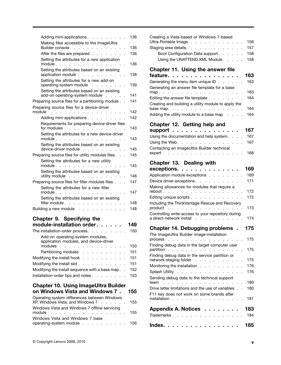 Chapter 11. using the answer file feature, Chapter 12. getting help and support, Chapter 13. dealing with exceptions | Appendix a. notices, Index | Lenovo ThinkPad SL300 User Manual | Page 7 / 206