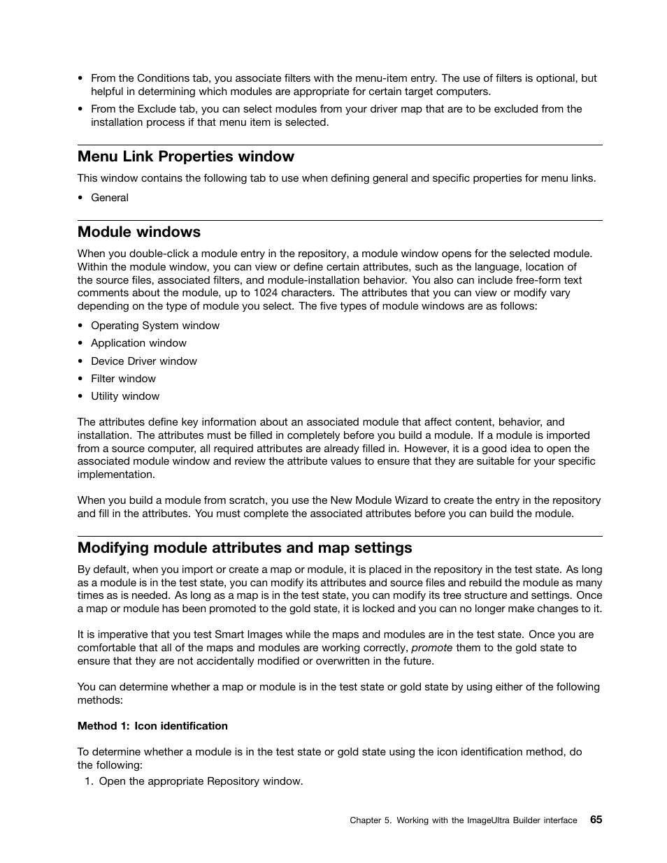 Menu link properties window, Module windows, Modifying module attributes and map settings | Lenovo ThinkPad SL300 User Manual | Page 79 / 206