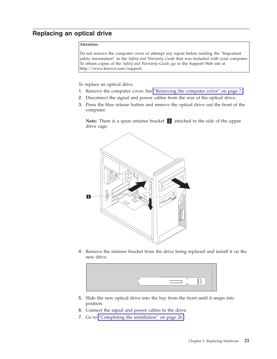 Replacing an optical drive, Replacing, Optical | Drive | Lenovo ThinkCentre A60 User Manual | Page 29 / 40