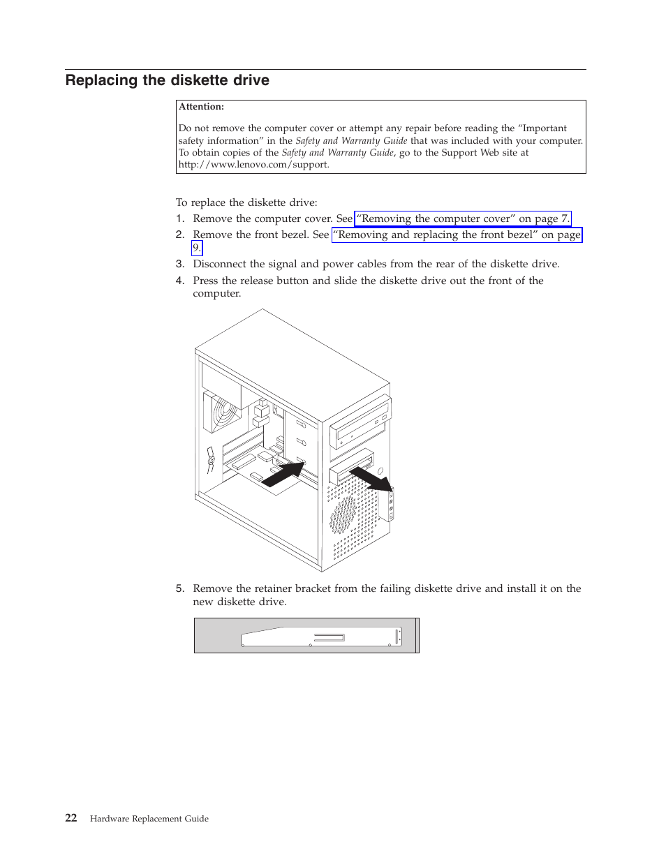 Replacing the diskette drive, Replacing, Diskette | Drive | Lenovo ThinkCentre A60 User Manual | Page 30 / 40