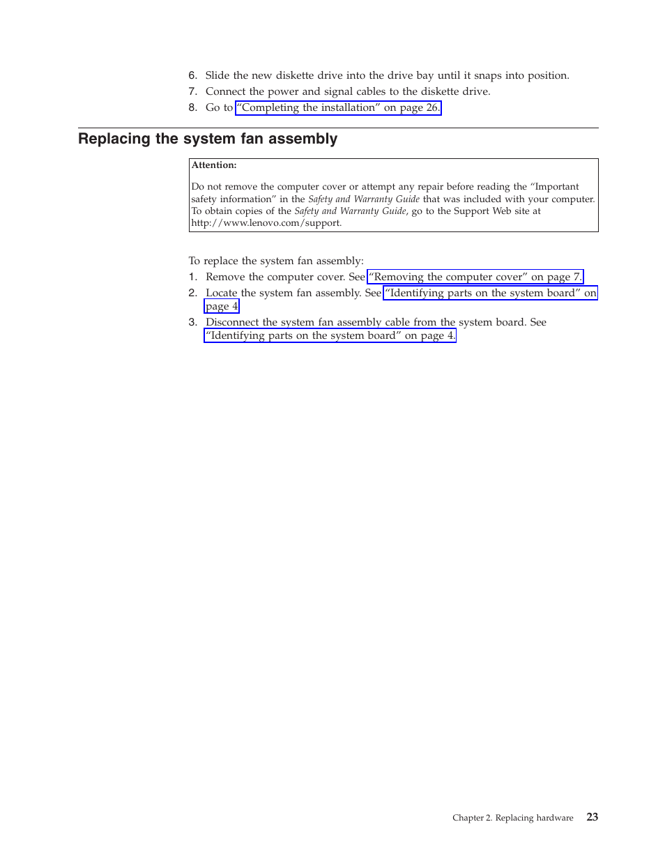 Replacing the system fan assembly, Replacing, System | Assembly | Lenovo ThinkCentre A60 User Manual | Page 31 / 40