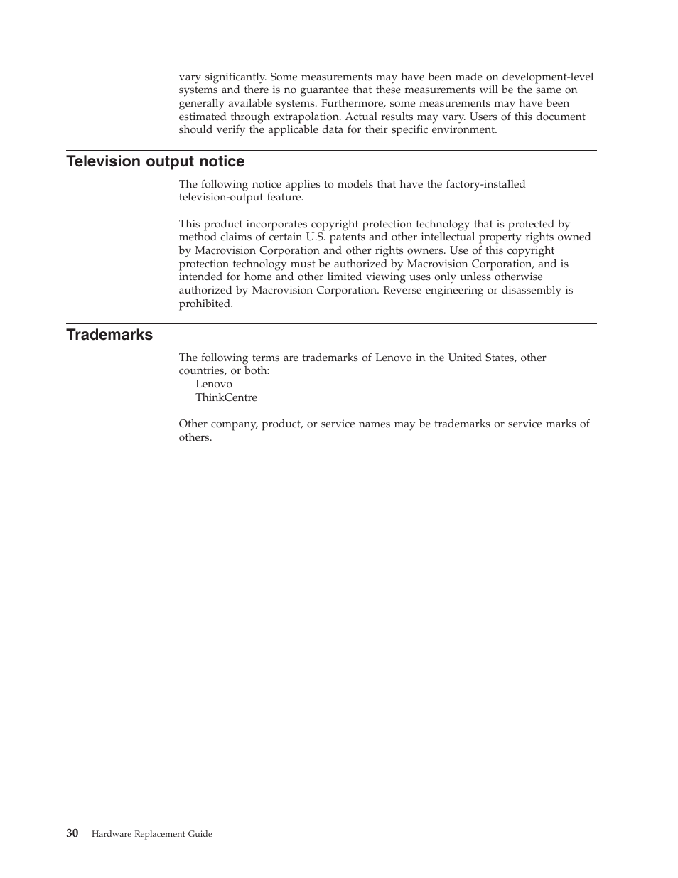 Television output notice, Trademarks, Television | Output, Notice | Lenovo ThinkCentre A60 User Manual | Page 38 / 40