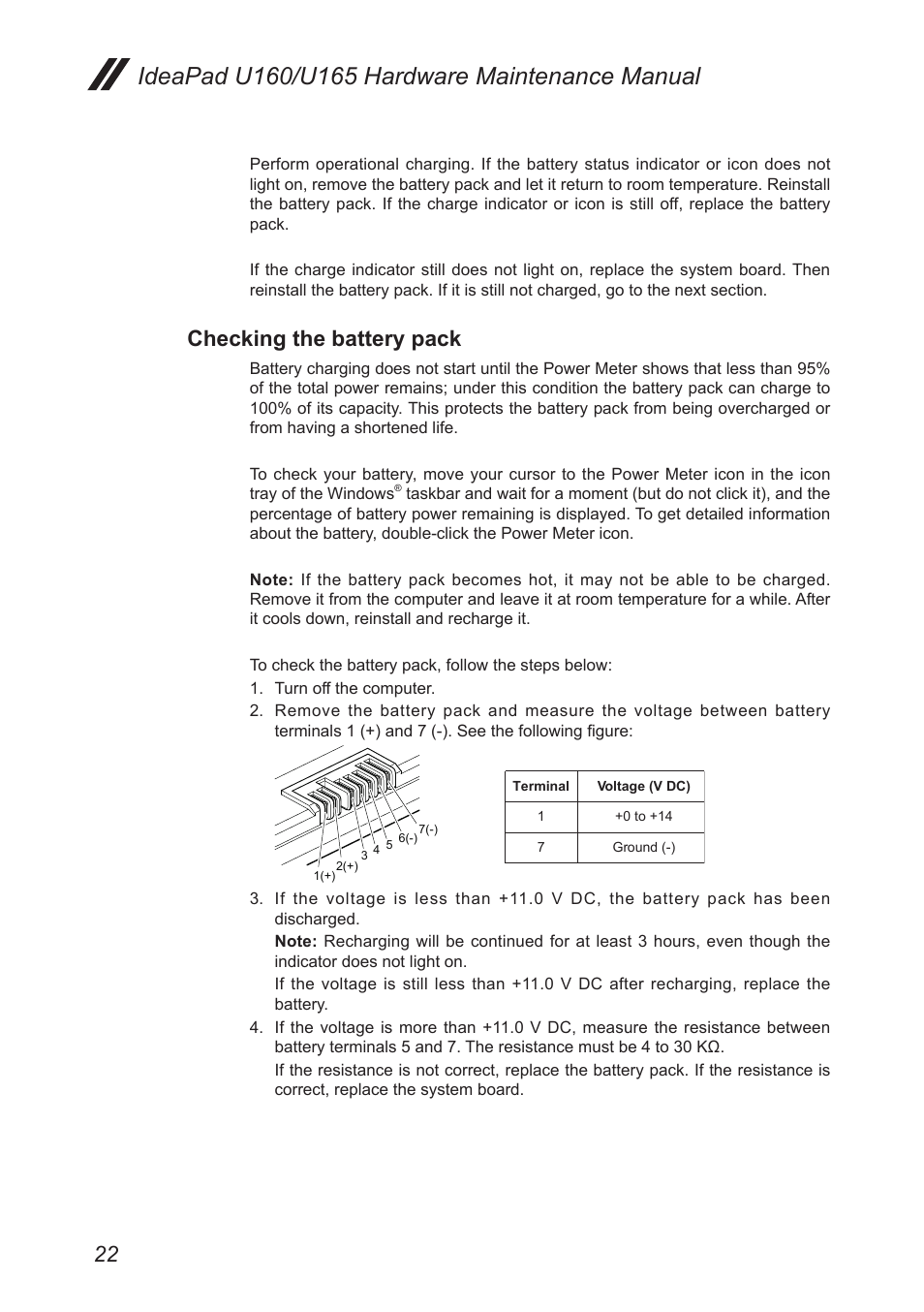 Checking the battery pack | Lenovo IdeaPad U160 User Manual | Page 26 / 81